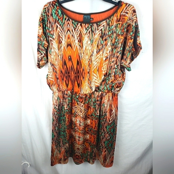 Gabby Skye Orange Multicolored Short Sleeve Round Neck Dress Sz 12 - Picture 1 of 12